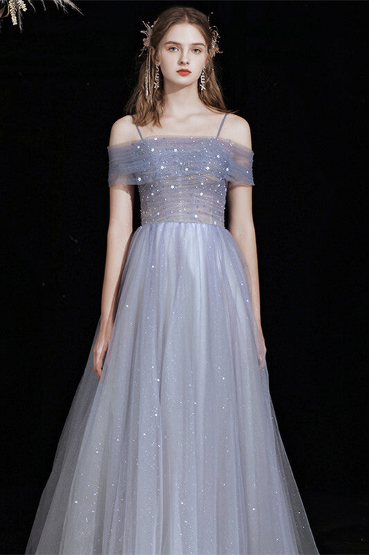Off the Shoulder Blue Stunning Long Prom Dress