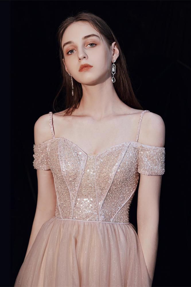 Off the Shoulder Blush Tulle Long Party Dress