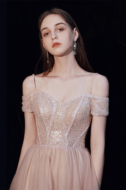 Off the Shoulder Blush Tulle Long Party Dress