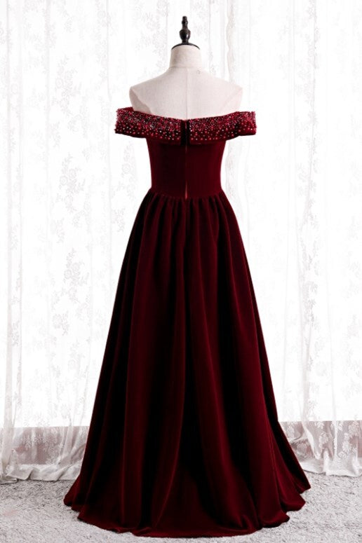 Off the Shoulder Burgundy Velvet Long Formal Dress