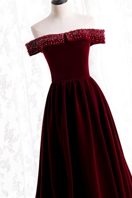 Off the Shoulder Burgundy Velvet Long Formal Dress