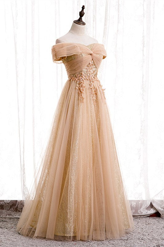 Off the Shoulder Champagne Long Formal Dress