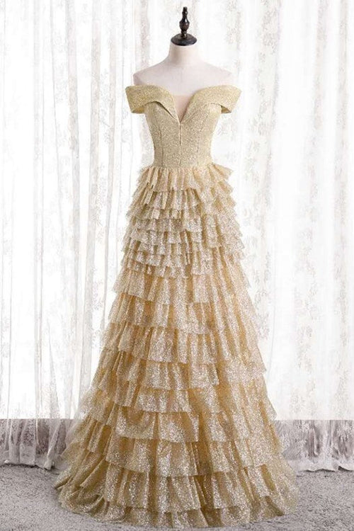 Off the Shoulder Champagne Tiered Long Formal Dress