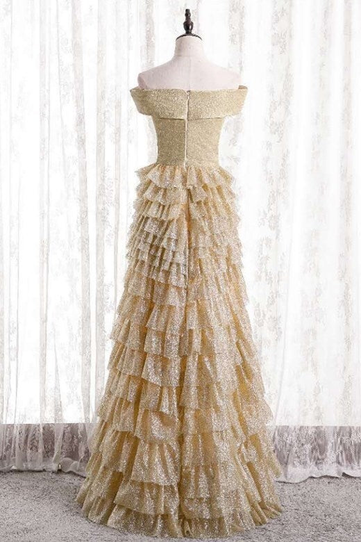 Off the Shoulder Champagne Tiered Long Formal Dress