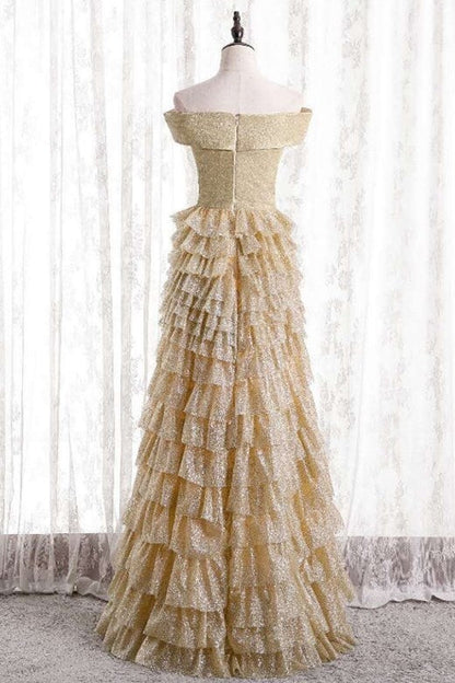 Off the Shoulder Champagne Tiered Long Formal Dress