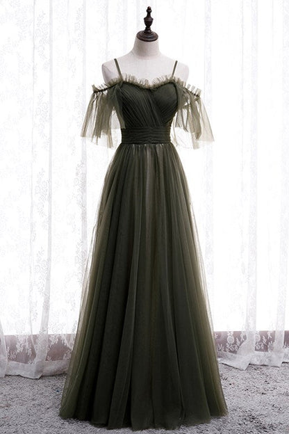 Off the Shoulder Dark Green Pleated Long Formal Dress