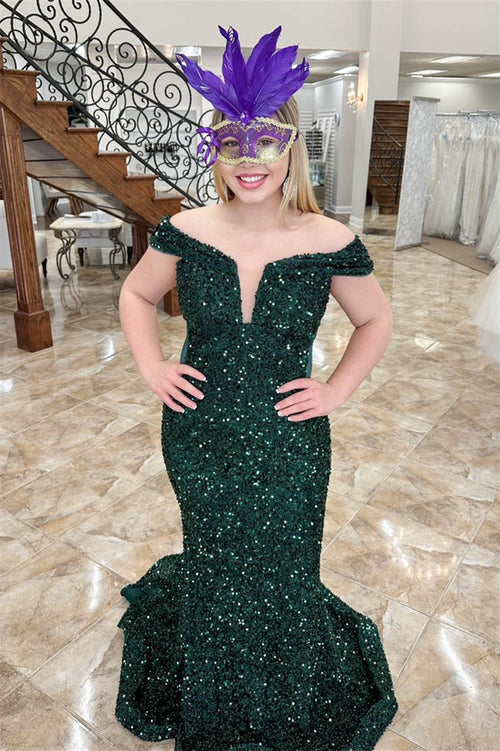 Off the Shoulder Dark Green Sequin Mermaid Long Formal Dress