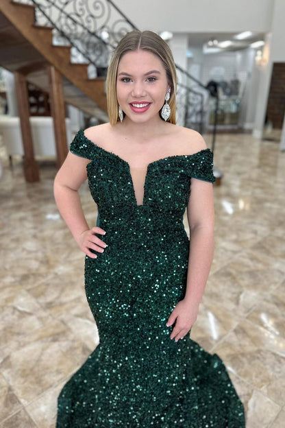 Off the Shoulder Dark Green Sequin Mermaid Long Formal Dress