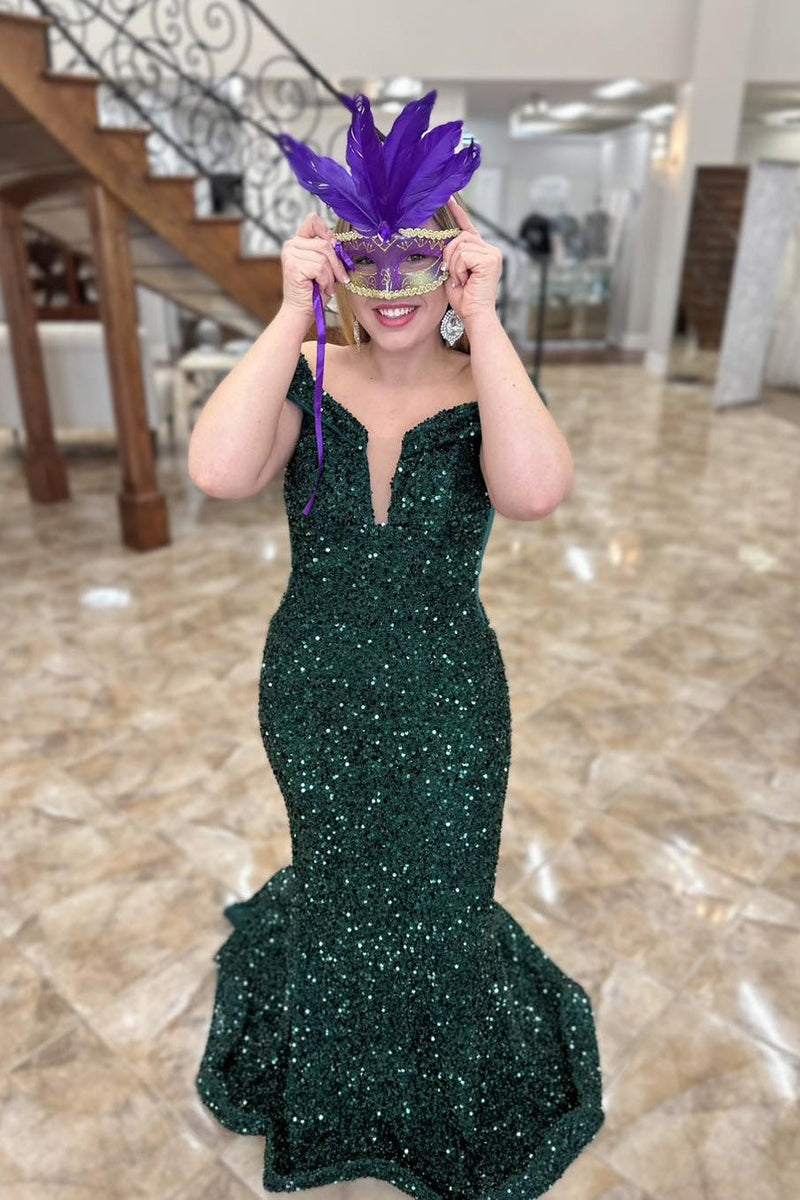 Off the Shoulder Dark Green Sequin Mermaid Long Formal Dress
