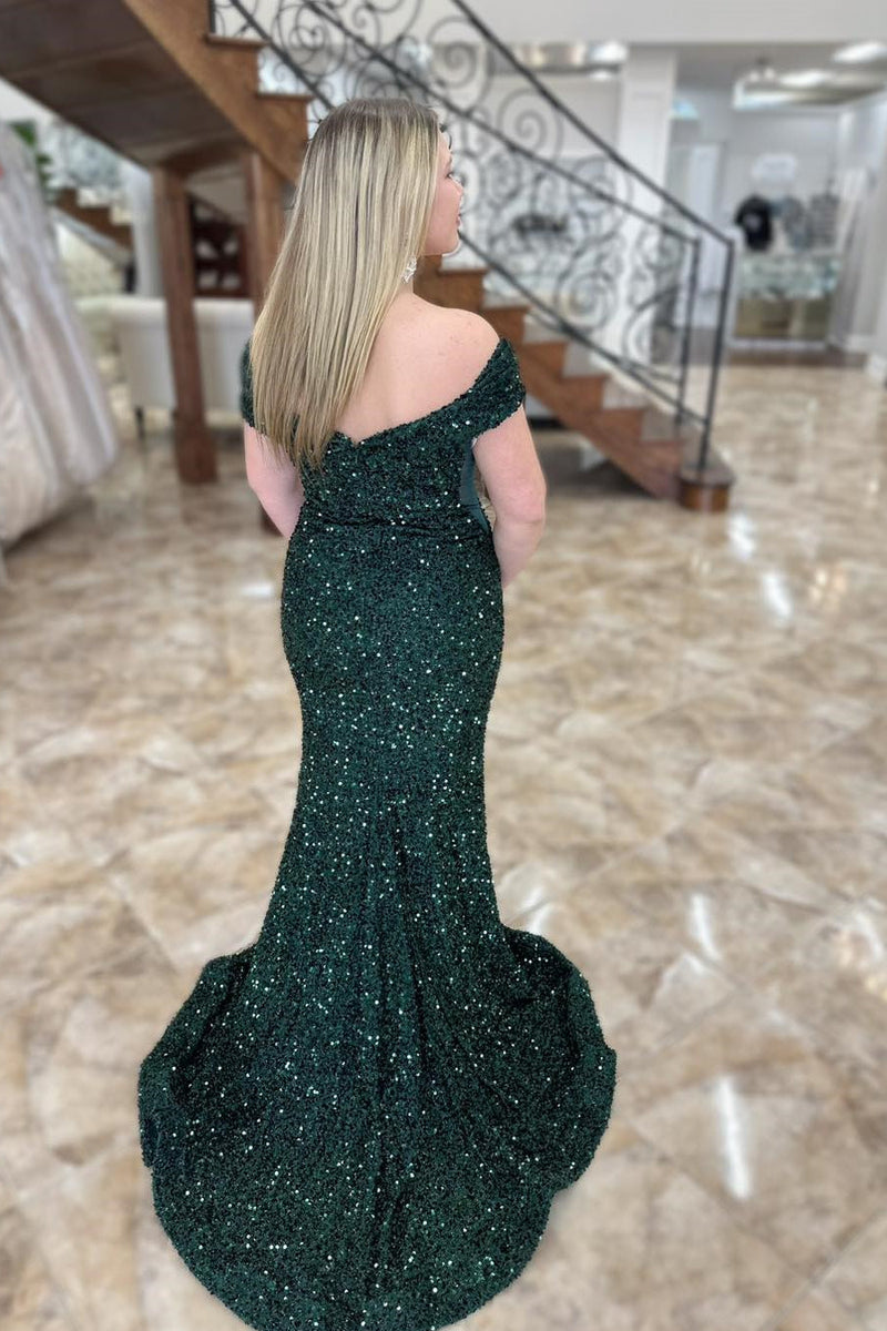 Off the Shoulder Dark Green Sequin Mermaid Long Formal Dress