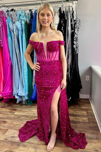 Off the Shoulder Fuchsia Sequin Mermaid Dress with Slit