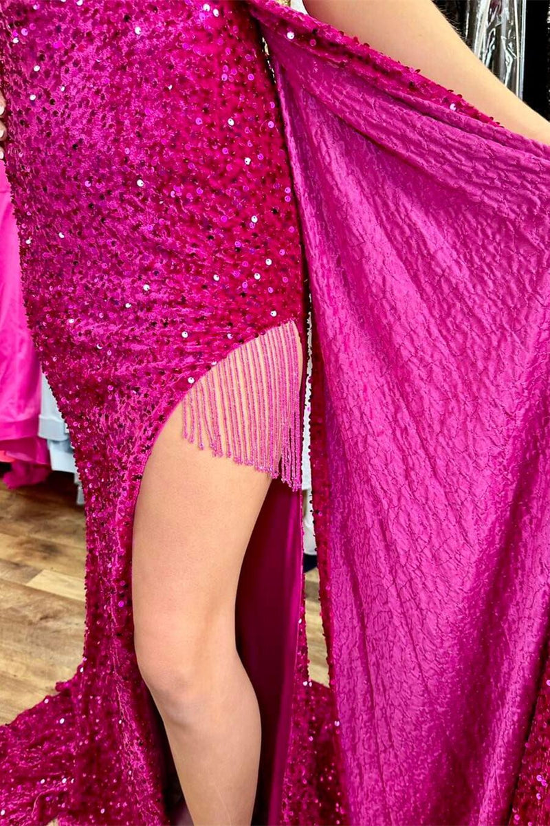 Off the Shoulder Fuchsia Sequin Mermaid Dress with Slit
