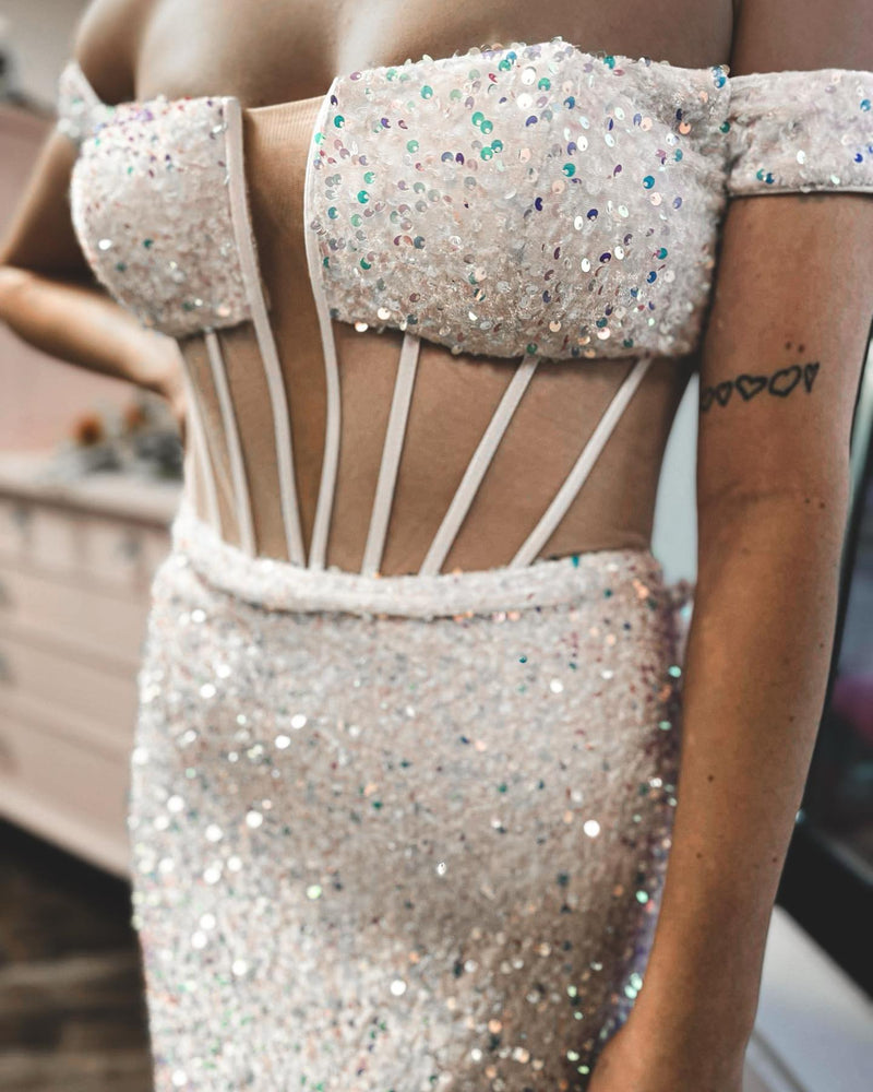 Off the Shoulder Fuchsia Sequin Mermaid Dress with Slit