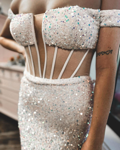 Off the Shoulder Fuchsia Sequin Mermaid Dress with Slit