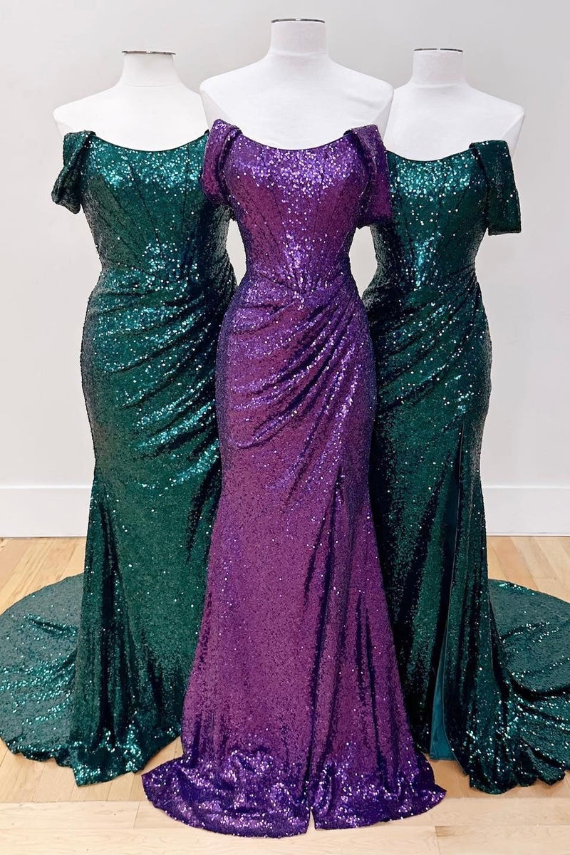Off the Shoulder Fuchsia Sequin Mermaid Long Dress with Slit