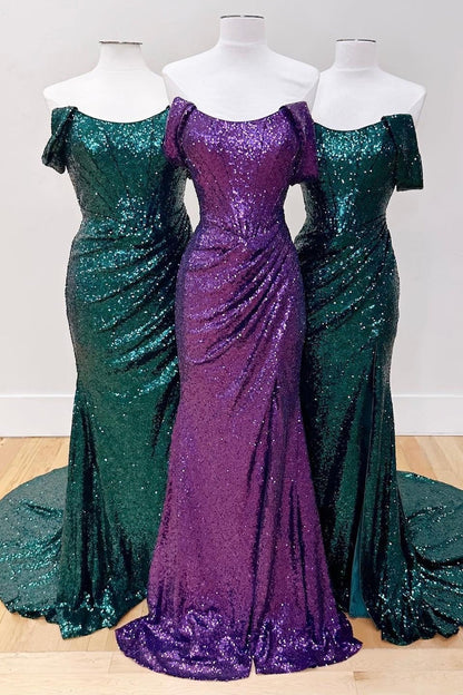 Off the Shoulder Fuchsia Sequin Mermaid Long Dress with Slit