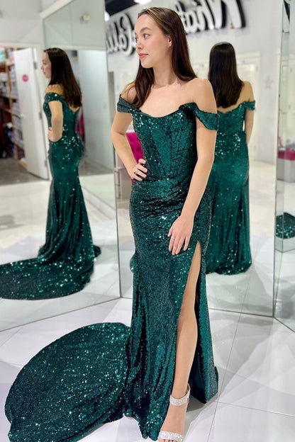 Off the Shoulder Fuchsia Sequin Mermaid Long Dress with Slit