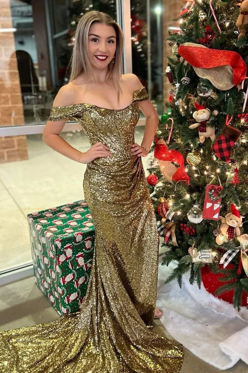 Off the Shoulder Fuchsia Sequin Mermaid Long Dress with Slit