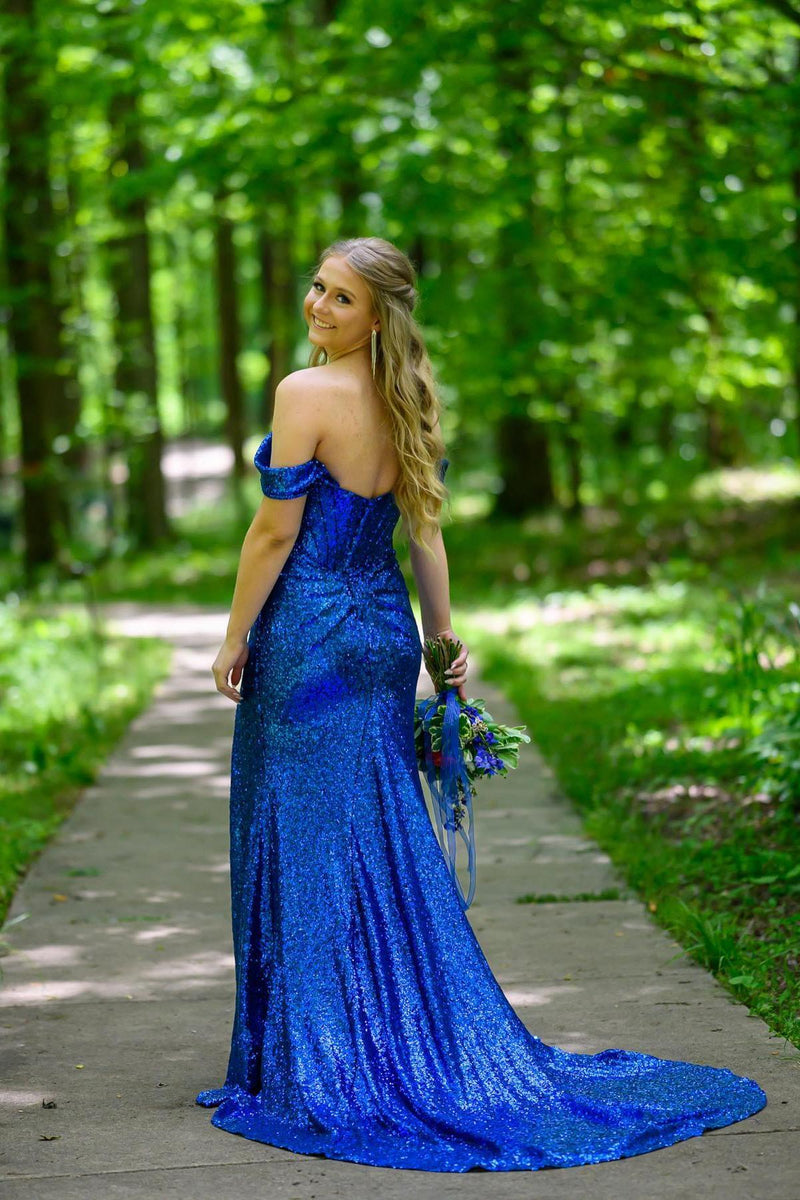 Off the Shoulder Fuchsia Sequin Mermaid Long Dress with Slit