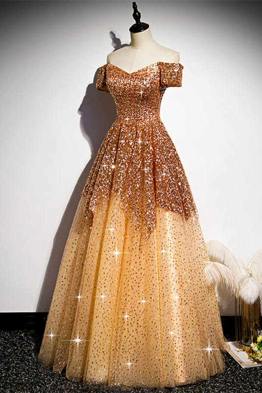 Off the Shoulder Gold Long Prom Dress