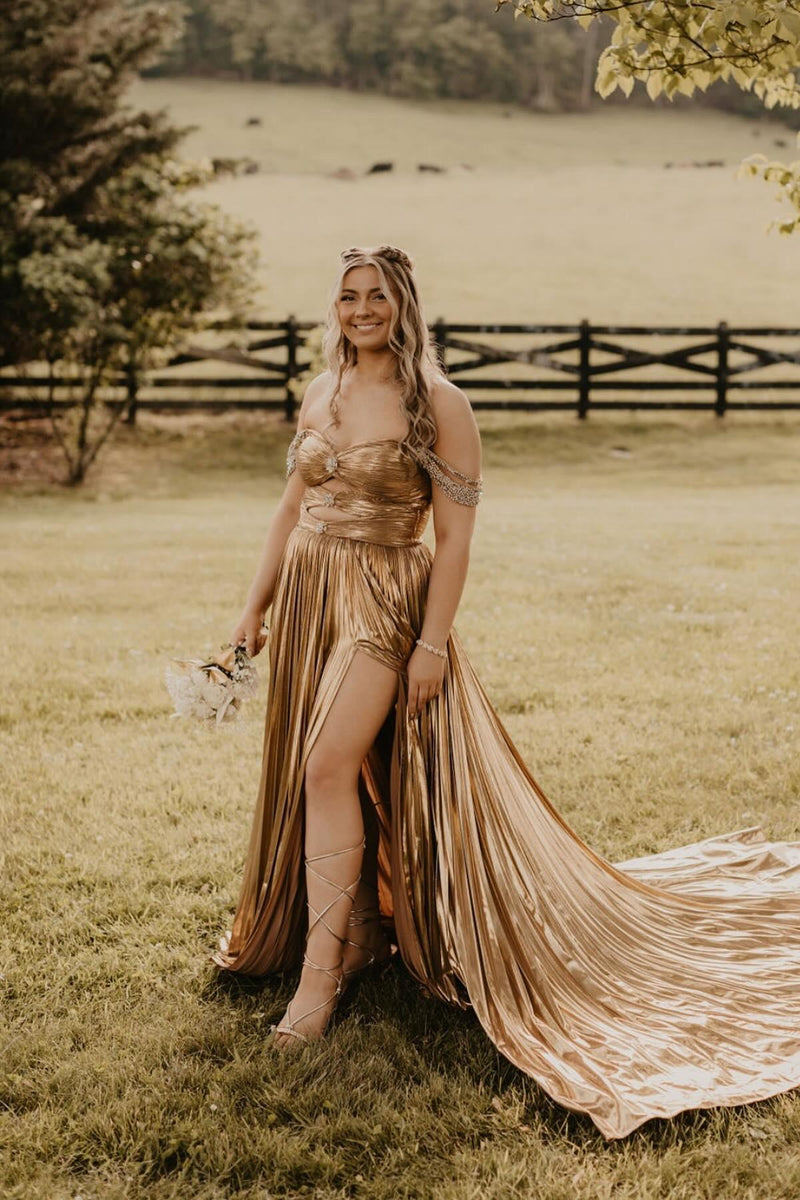 Off the Shoulder Gold Metallic Pleated Long Formal Gown