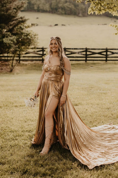 Off the Shoulder Gold Metallic Pleated Long Formal Gown