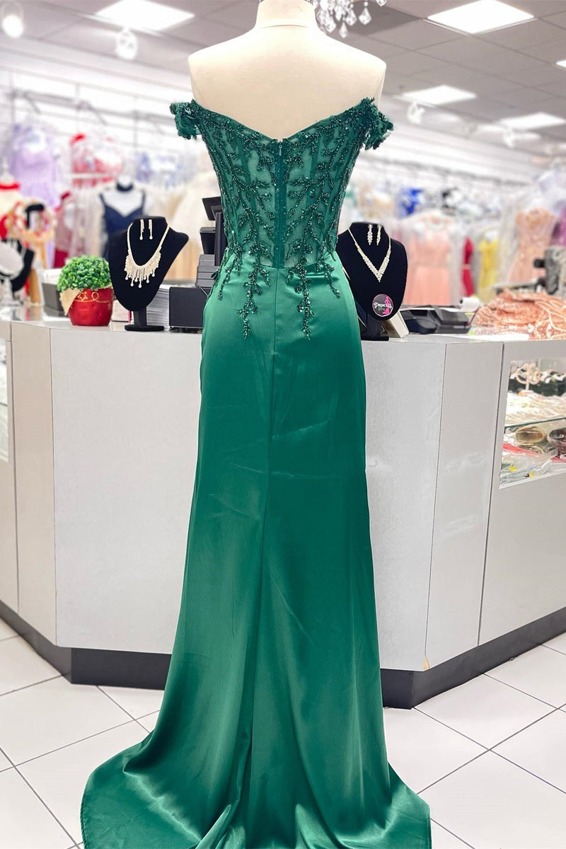 Off the Shoulder Green Beaded Appliques Long Formal Dress