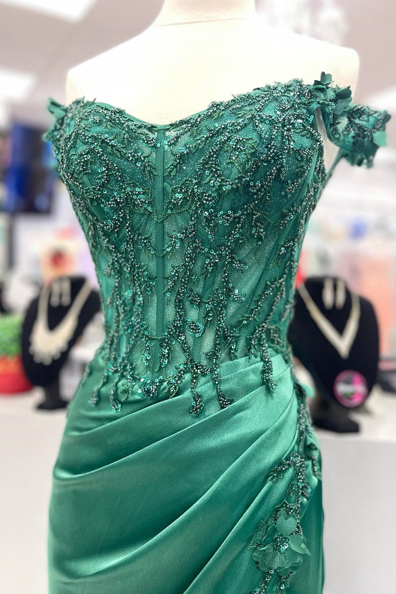 Off the Shoulder Green Beaded Appliques Long Formal Dress