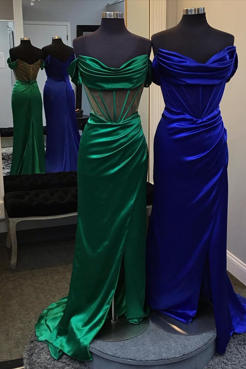 Off the Shoulder Green Corset Ruched Mermaid Long Formal Dress