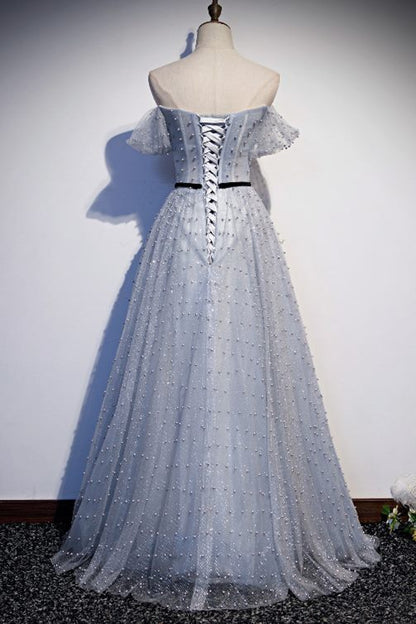 Off the Shoulder Grey Pearls Long Prom Dress