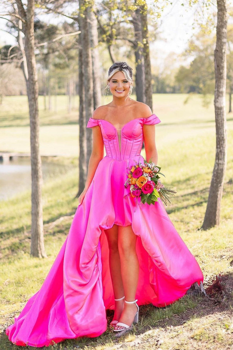 Off the Shoulder Hot Pink High Low Party Dress