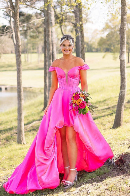 Off the Shoulder Hot Pink High Low Party Dress
