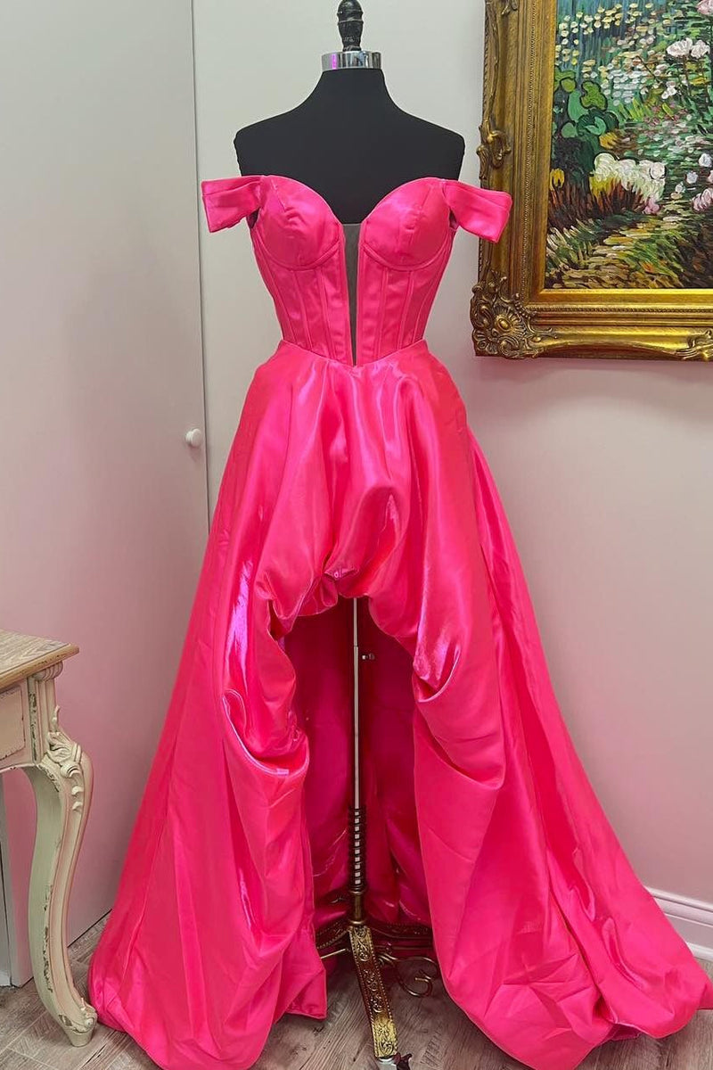 Off the Shoulder Hot Pink High Low Party Dress