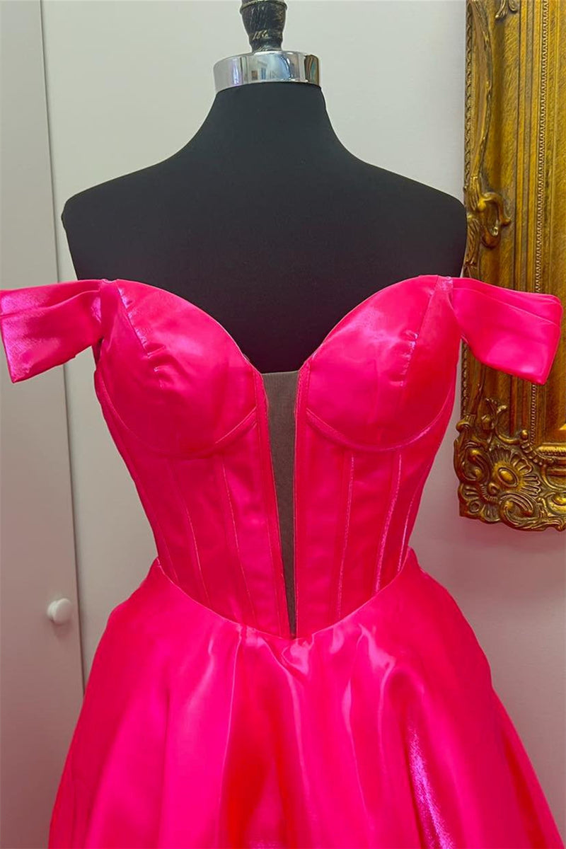 Off the Shoulder Hot Pink High Low Party Dress