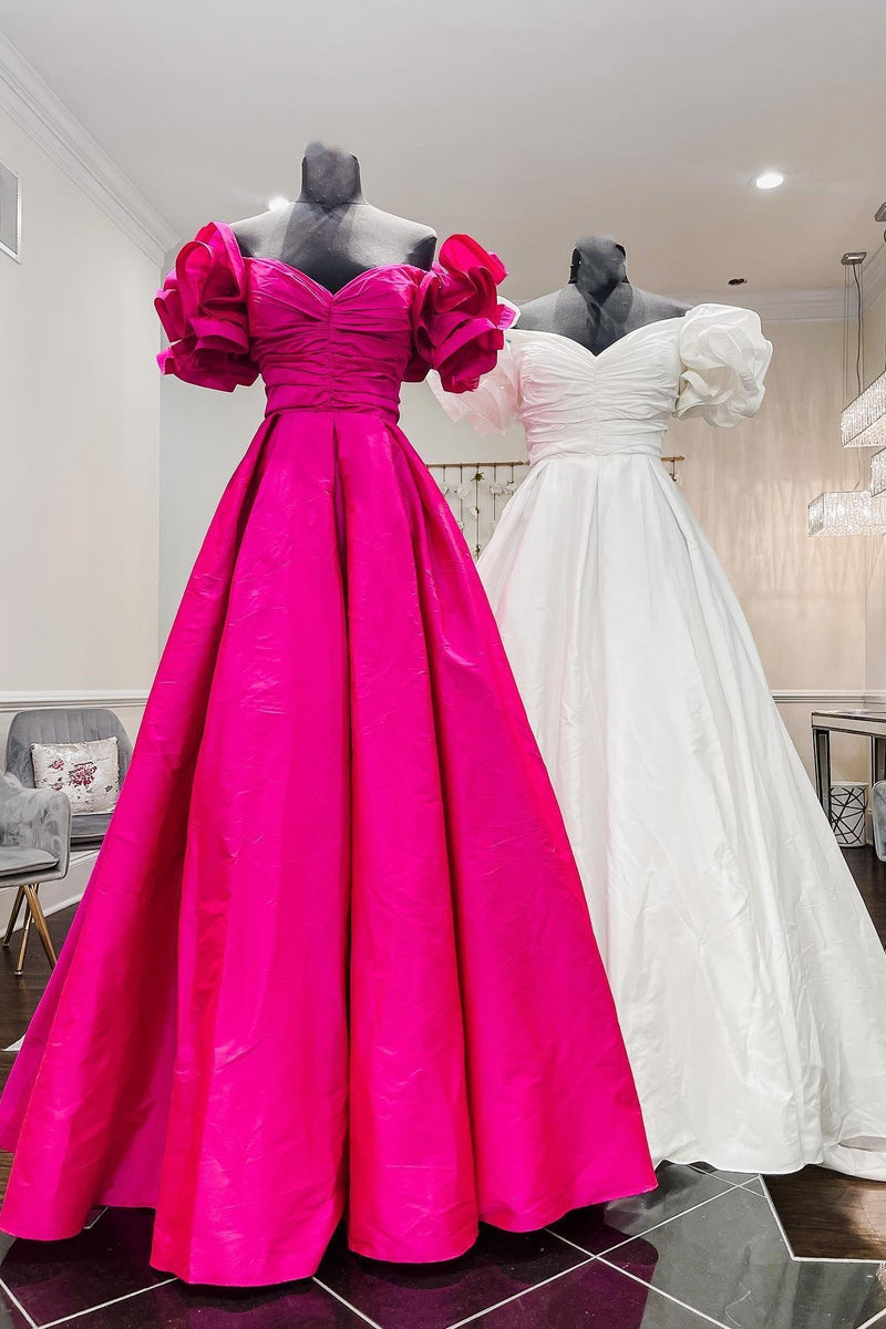 Off the Shoulder Hot Pink Pleated Long Formal Dress