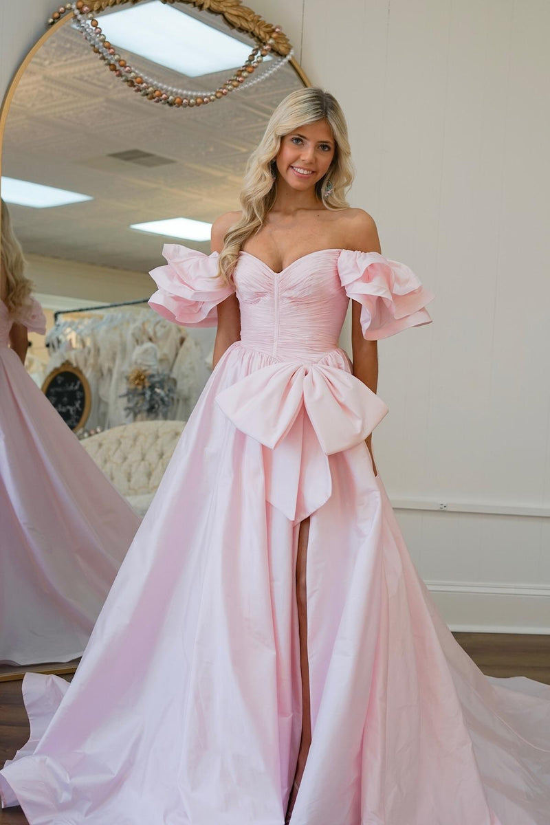 Off the Shoulder Hot Pink Pleated Long Formal Dress