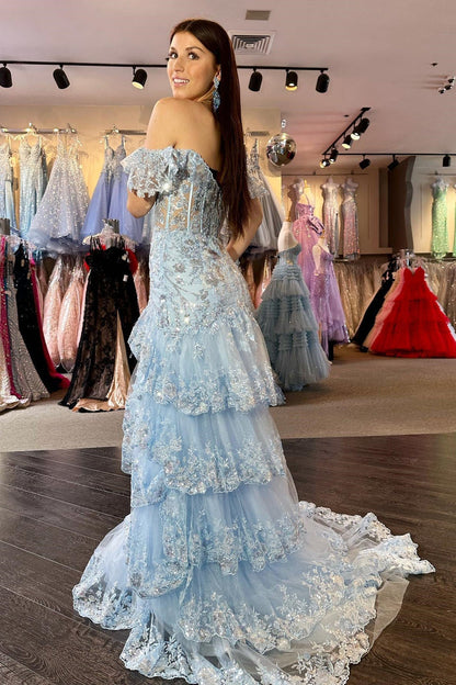 Off the Shoulder Light Blue Appliques Tiered Ruffle Long Prom Dress