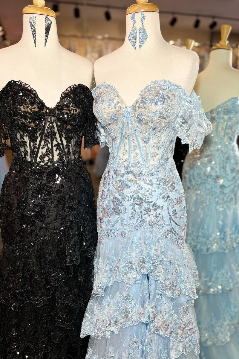Off the Shoulder Light Blue Appliques Tiered Ruffle Long Prom Dress
