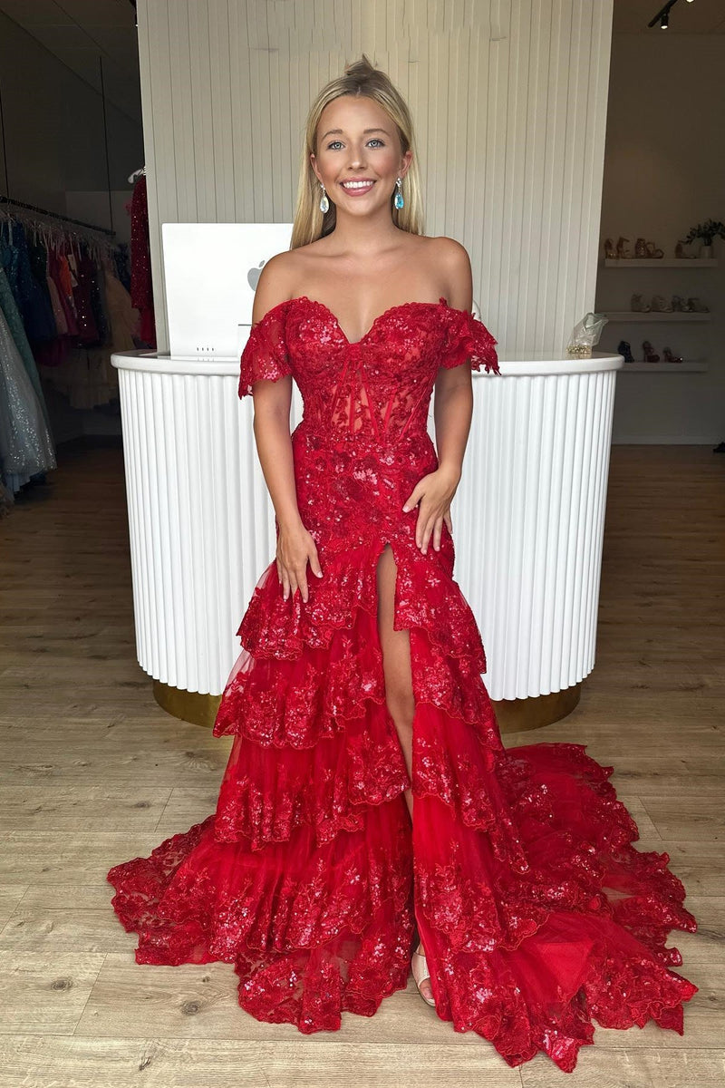 Off the Shoulder Light Blue Appliques Tiered Ruffle Long Prom Dress