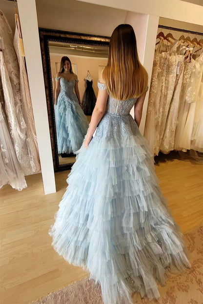 Off the Shoulder Light Blue Lace and Tulle Tiered Prom Dress