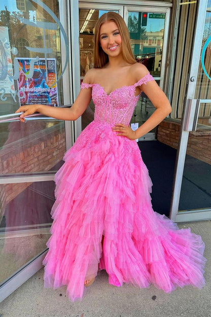Off the Shoulder Light Blue Lace and Tulle Tiered Prom Dress