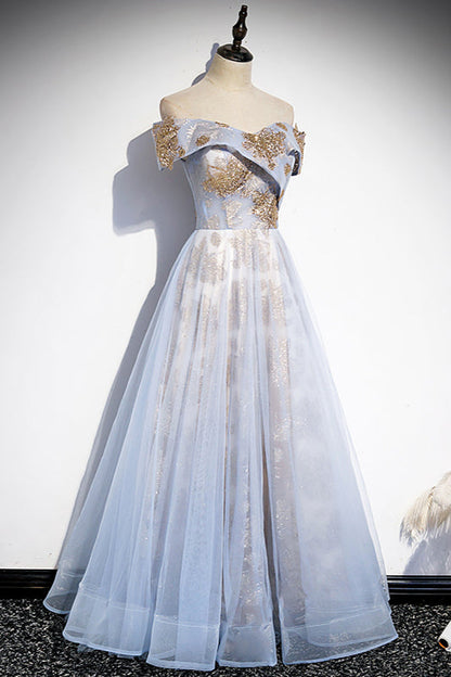Off the Shoulder Light Blue Long Party Dress
