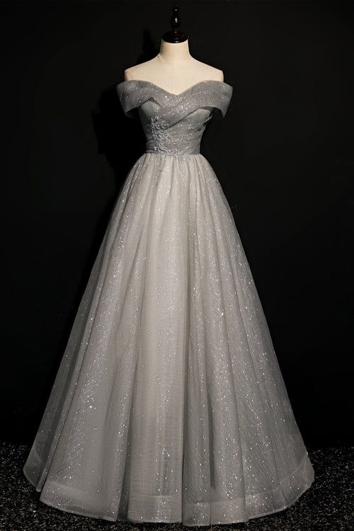 Off the Shoulder Long Grey Evening Dress