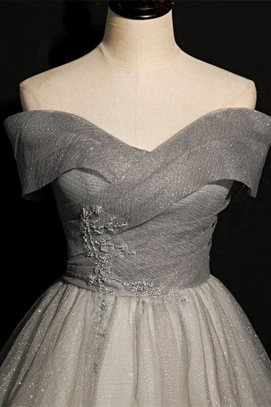 Off the Shoulder Long Grey Evening Dress
