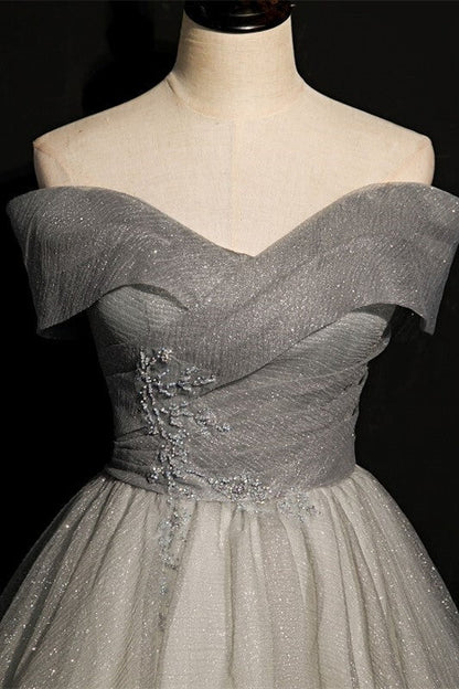 Off the Shoulder Long Grey Evening Dress