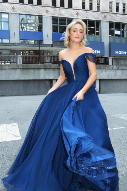Off the Shoulder Navy Blue Chiffon A-line Long Formal Dress