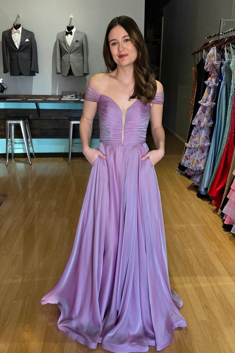 Off the Shoulder Navy Blue Chiffon A-line Long Formal Dress