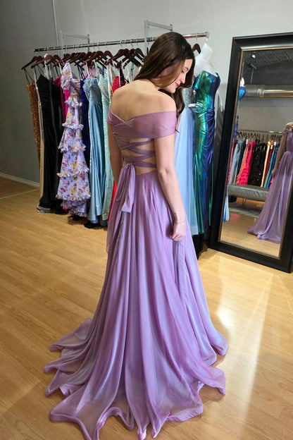 Off the Shoulder Navy Blue Chiffon A-line Long Formal Dress