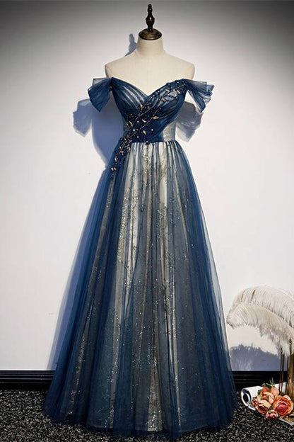Off the Shoulder Navy Blue Tulle Formal Dress