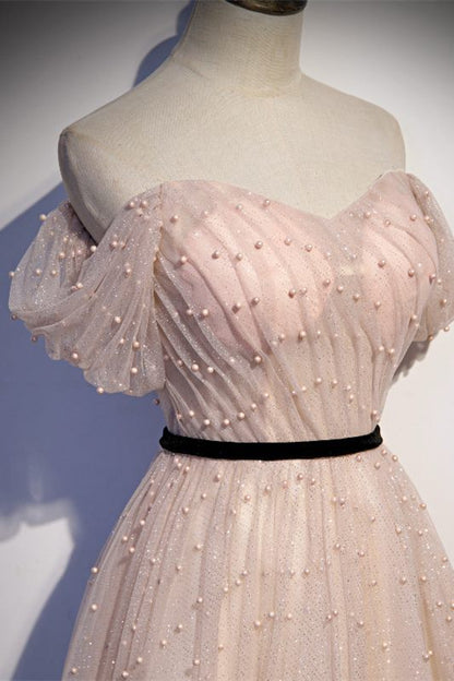 Off the Shoulder Pink Pearls Long Prom Dress